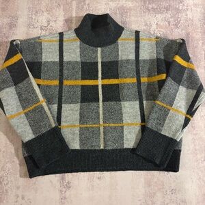 Marled Reunited Clothing Plaid Mock Neck Knit Sweater Cropped Gray Yellow Large